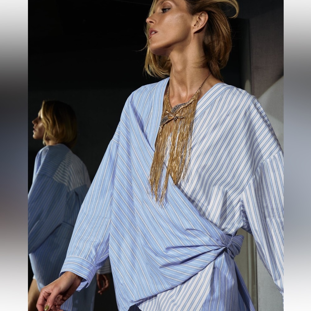 Zara Light Blue & White Striped Wrap-Style Blouse